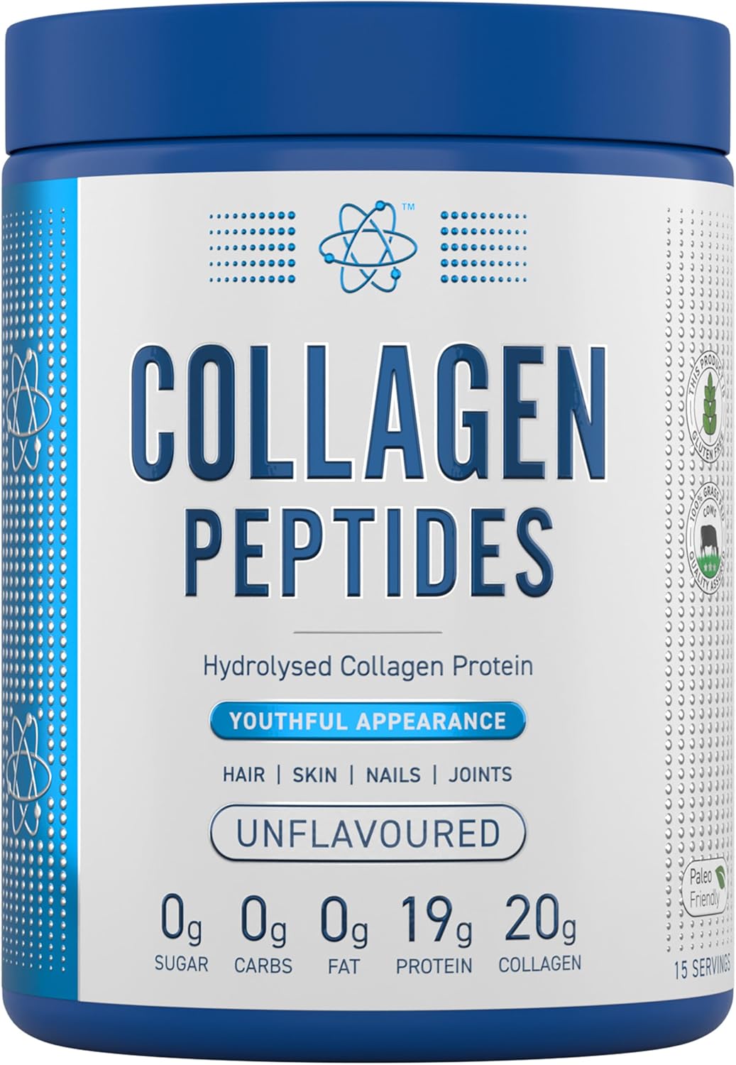 Applied Nutrition Collagen Peptides Powder - Hydrolysed Bovine Collagen Protein, Halal, Healthy Skin, Hair, Nails (Unflavoured) (300g - 15 Servings)