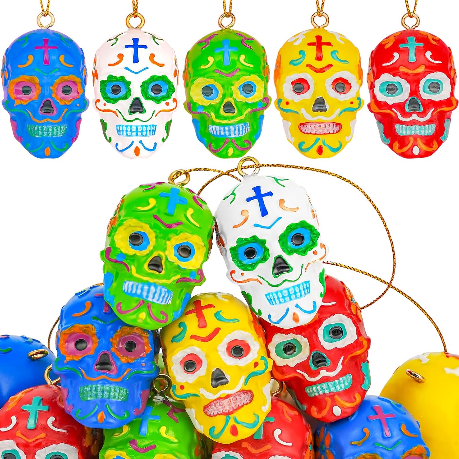 Bbiamsleep 15 Pcs Day of The Dead Resin Sugar Skull Ornaments Dia De Los Muertos Sugar Skull Decorations Halloween Hanging Skeleton Head Ornaments for Halloween Party Xmas Tree Hanging Decorations