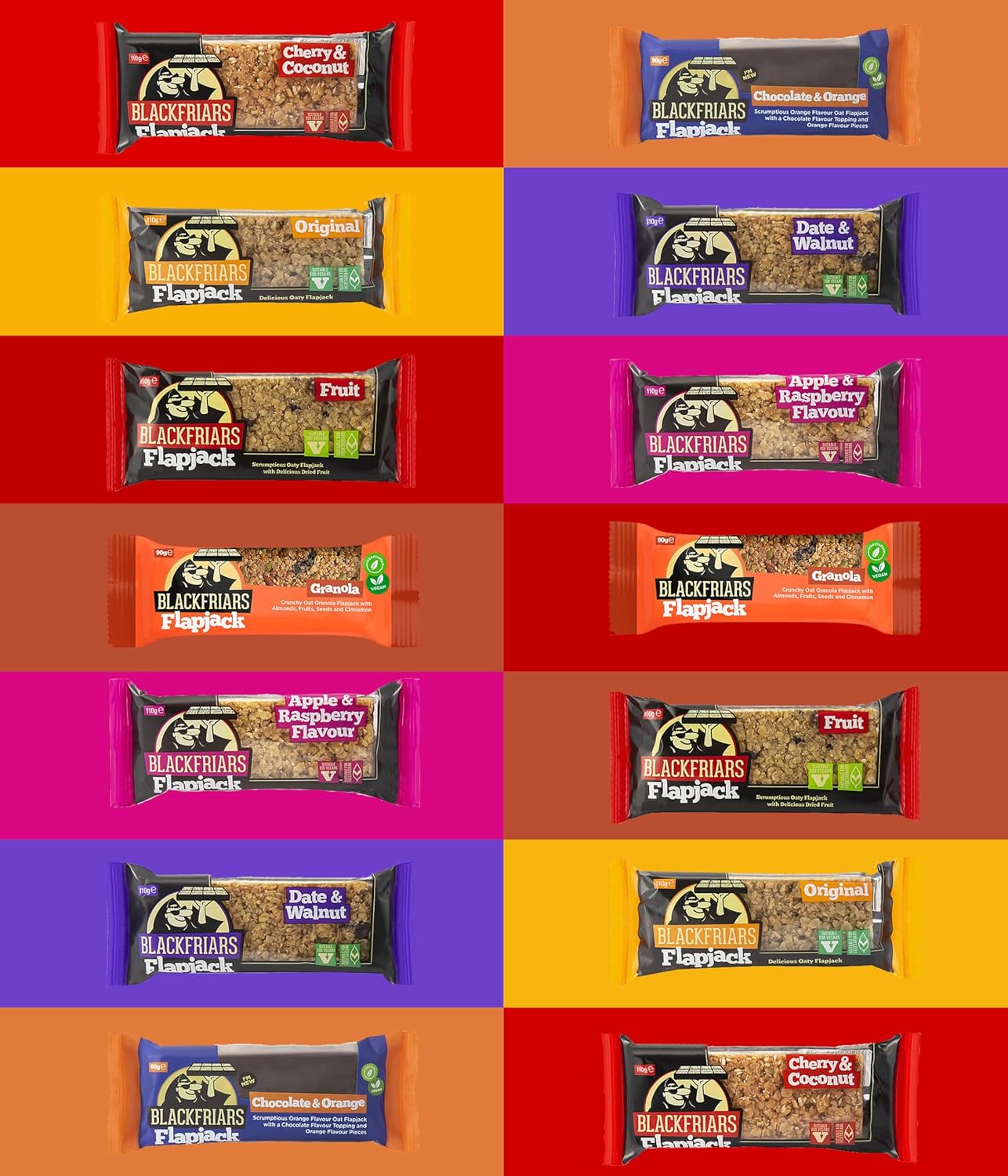 Blackfriars Vegan Flapjack Selection 14 Bars in 7 Flavours(Box of 14X90-110g Bars) - Breakfast Bars, - Healthy Snacking, - Granola, Cherry & Coconut, Date & Walnut, Original, Apple & Raspberry, Fruit