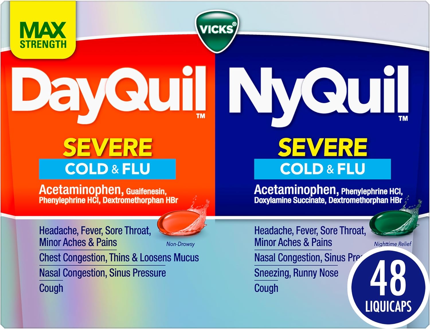 Vicks DayQuil & NyQuil SEVERE Co-Pack, Cold & Flu Medicine, Relief for Headache, Fever, Sore Throat, Minor Aches & Pains, Nasal Congestion, Sinus Pressure, Stuffy Nose, & Cough, 48ct