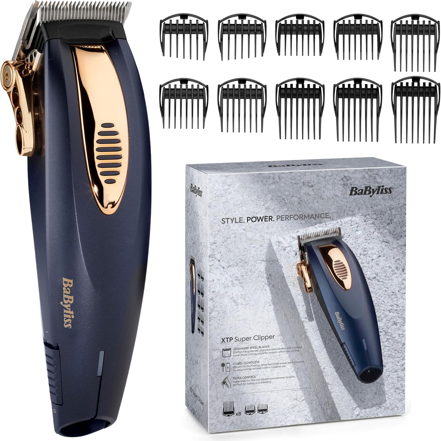 BaByliss XTP Hair Clipper - Professional Cordless Clippers for Men – Japanese Steel Blades, Lithium-Ion 85 Min Runtime, 45 Cutting Lengths, Grade 1-8, Ear Taper Guides, Hard Case, 7475DU