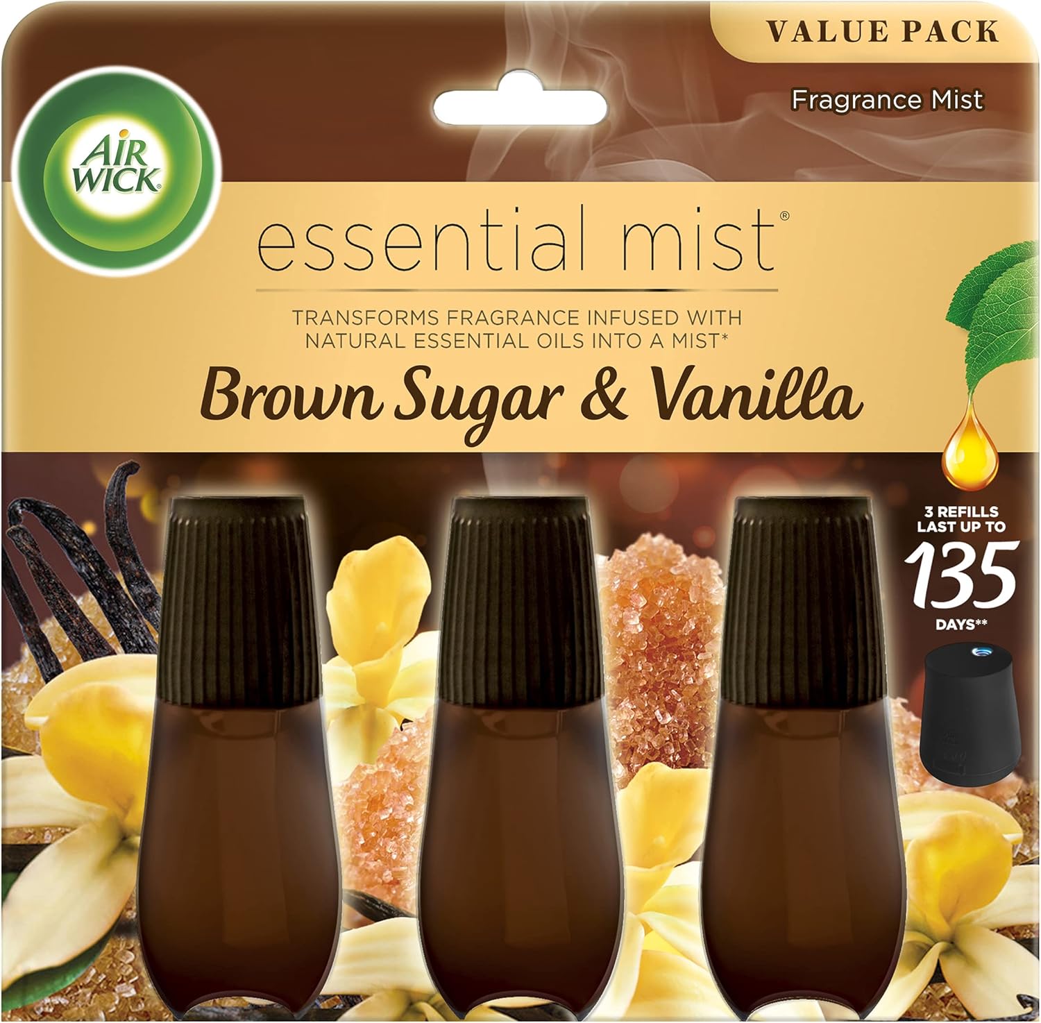Air Wick Essential Mist Refill, 3ct, Brown Sugar & Vanilla, Fall Scent, Essential Oils, Air Freshener