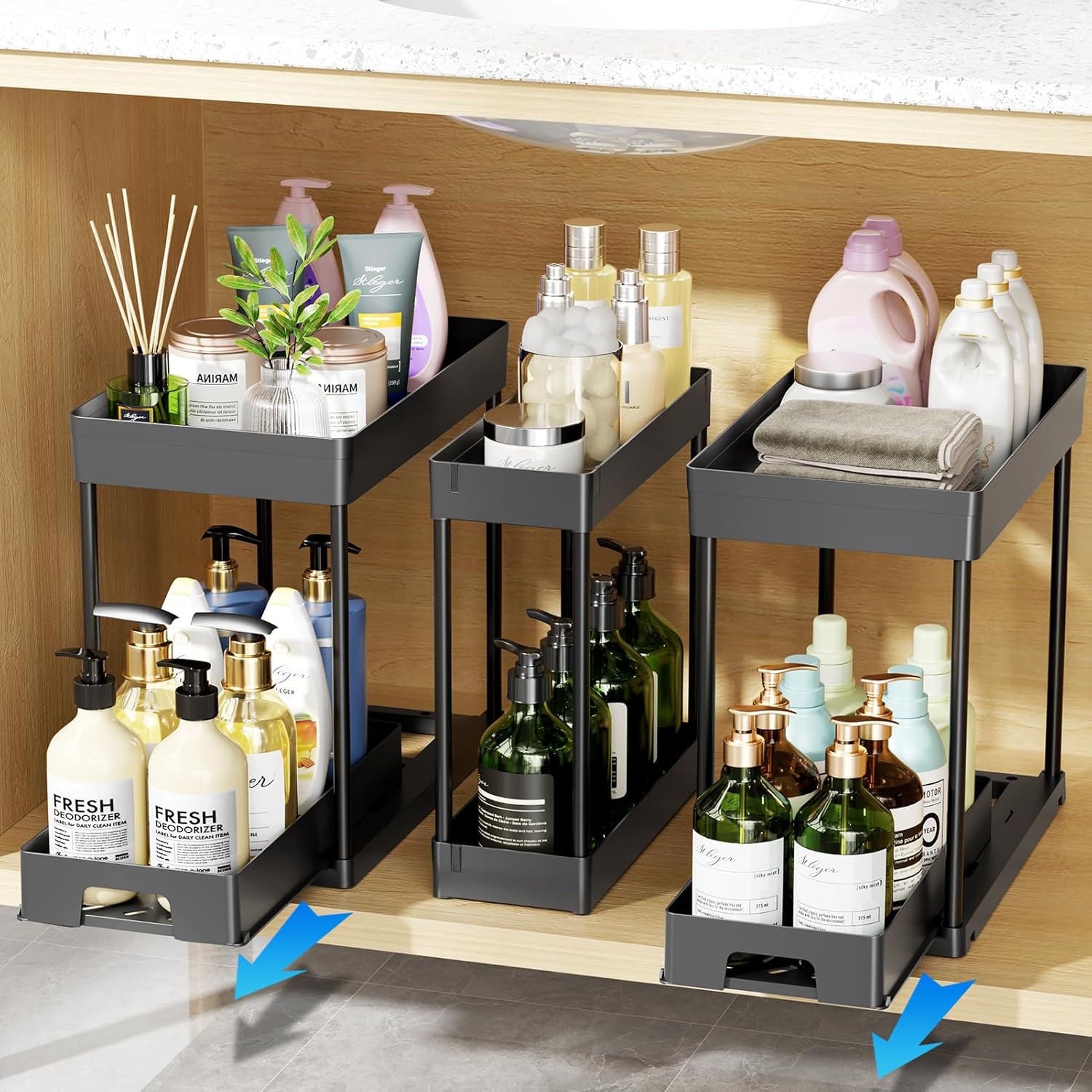 Delamu 3 Pack Under Sink Organizers and Storage, 2 Tier Black Bathroom Cabinet Organizer, Multi-Use Kitchen Bathroom Organizers and Storage, Under Counter Organizer with Hooks