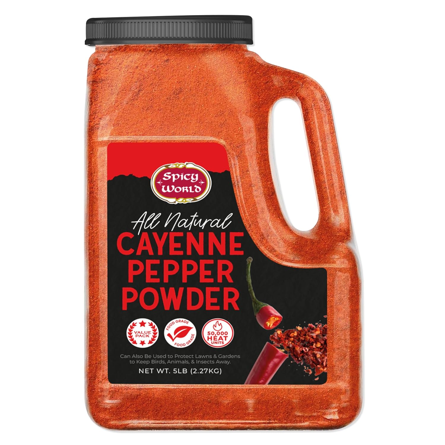 Spicy World Hot Cayenne Pepper Powder Bulk 5 LBS Jar - Red Ground Pepper 50,000 SHU Heat Unit - Gluten Free All Natural Red Pepper- Freshly Packed In USA, For Commercial & Home Use