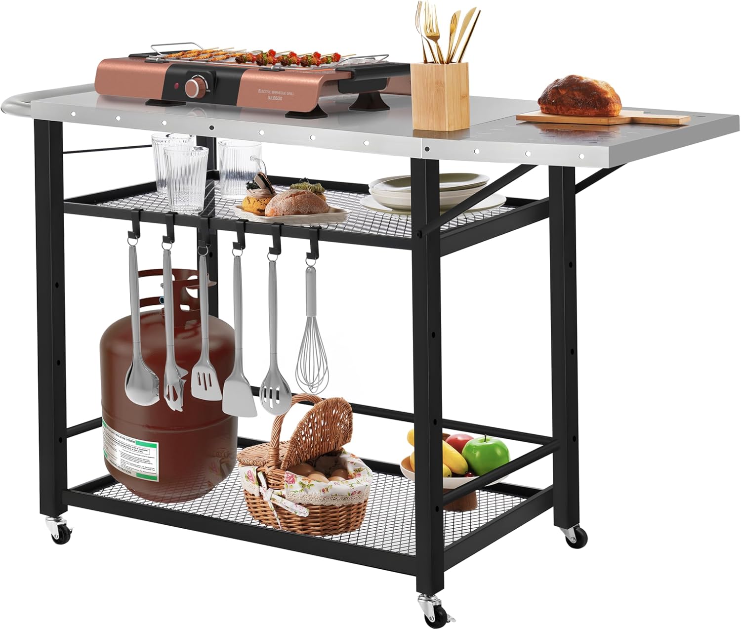 Rengue Outdoor Grill Cart Table with 4 Wheels, Movable Pizza Oven Stand Table with Foldable Side Table, 3-Shelf Outdoor Cooking Prep Table Stainless Steel Rolling Cart for BBQ, Camping