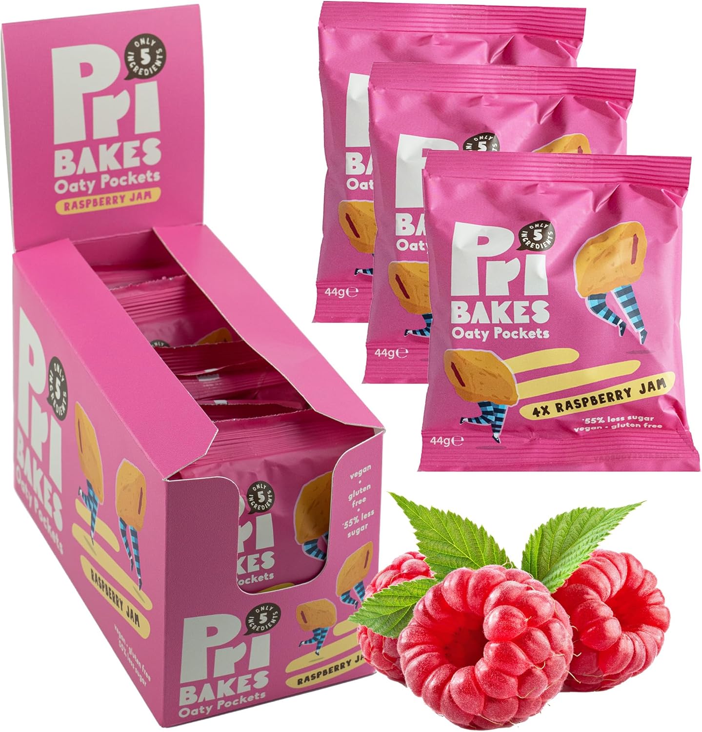 Gluten Free Snacks - On-the-Go Oat-Based, Low Calorie, Delicious Snacks for Adults - High Fibre, No Sugar, Low Fat Vegan Food w/Natural Ingredients - 12 pcs Raspberry Jam Oaty Pockets by Pri Bakes