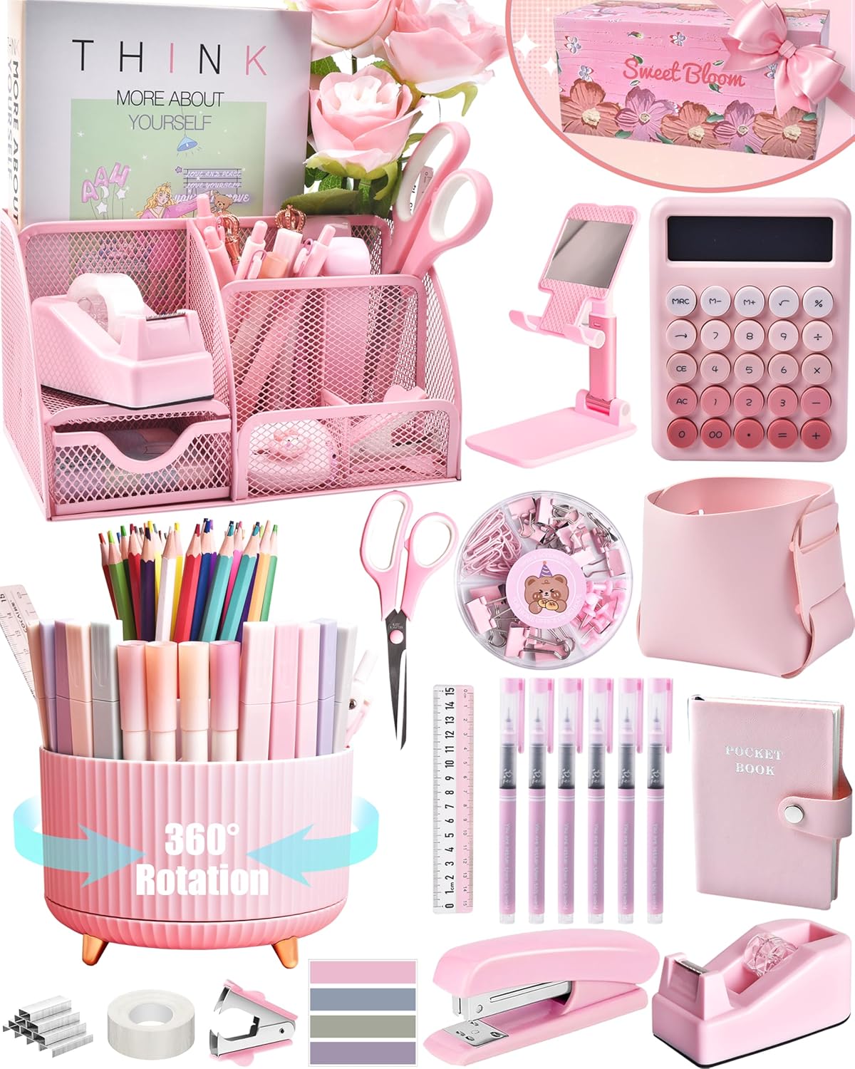 Pink Desk Organizers and Accessories With Mesh Desk Organizer and 360°Rotating Pen Holder and a Lot of Office Pink Office Supplies Beautifully Presented in a Gift Box, Back to School