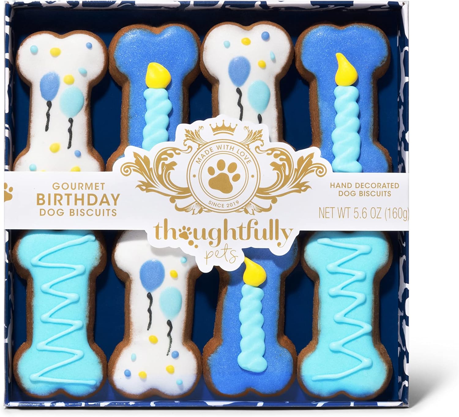Thoughtfully Pets, Blue Dog Birthday Cookie Gift Set, Hand Decorated Crunchy Treats in Bone Shapes, Great for Birthdays, Biscuit Dog Treat Boy, Set of 8