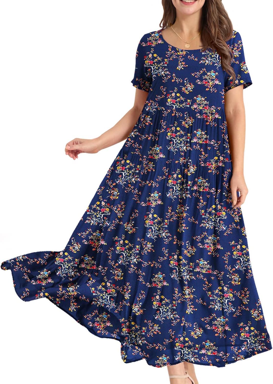 YESNO Women Dresses Casual Plus Size Bohemian Short Sleeve Floral Long Maxi Summer Beach Swing Dress/Pockets EJFUK