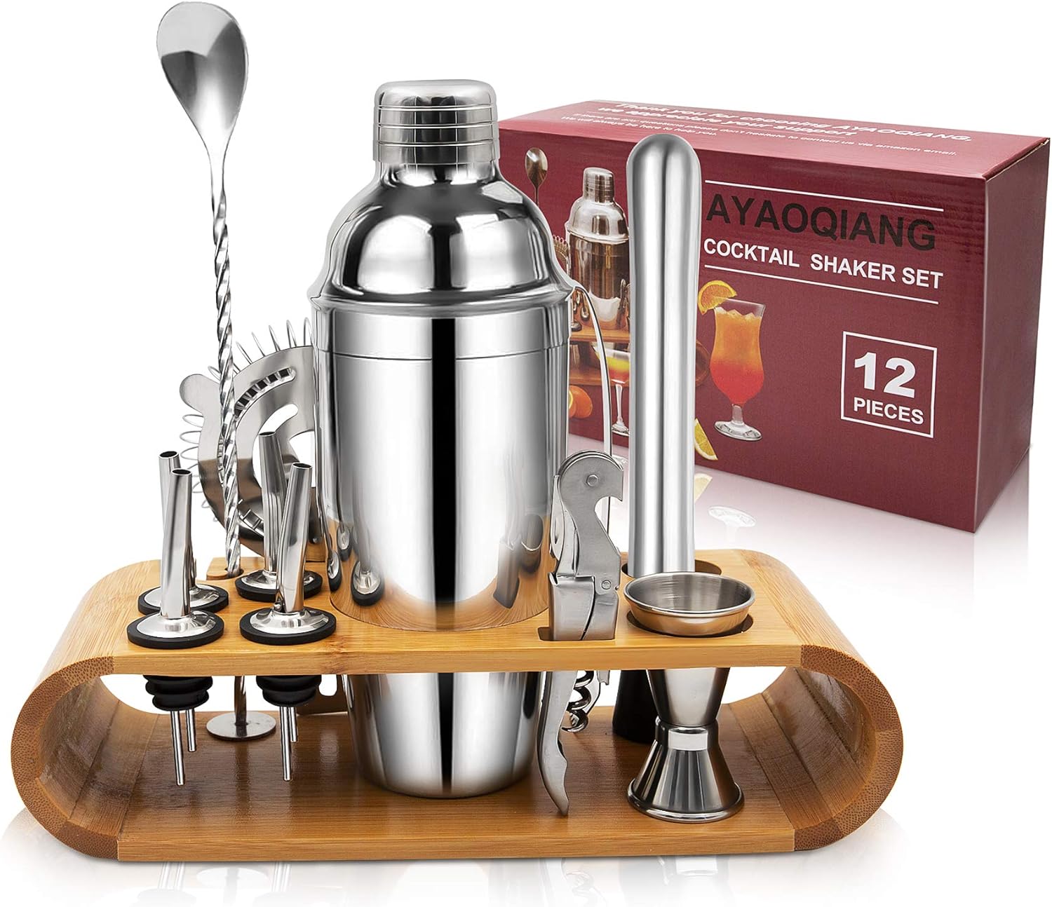 Cocktail Shaker Set,750 ML Stainless Steel Cocktail Mixing Set with Stand,Bartending Kit for Home,Bar,12 Pieces Bar Tool Kit for Christmas,Birthday,Anniversary,Weeding
