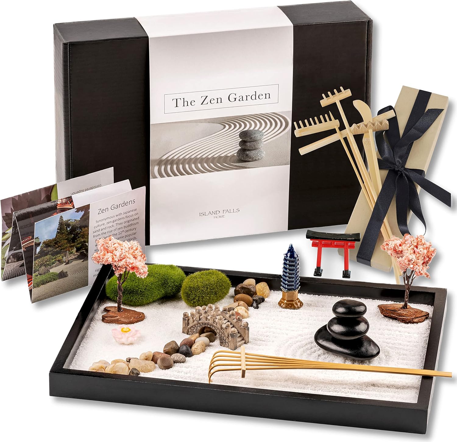 Island Falls Home Zen Garden Kit 11x8 Beautiful Premium Japanese Mini Sand Garden Meditation Gift Set for Home & Office Desk Accessories. Zen Sand, 6 Tools, 15 Features. Mindfulness Gifts Decor Women
