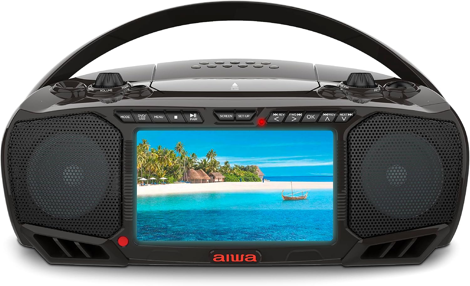 Aiwa Portable Boombox, Crystal Clear Sound with 3W x 2 Speakers and Bass Function, Featuring a 7" LCD Display, Bluetooth Connectivity, FM Radio, CD/DVD Player, Streaming on Roku and Amazon Firestick