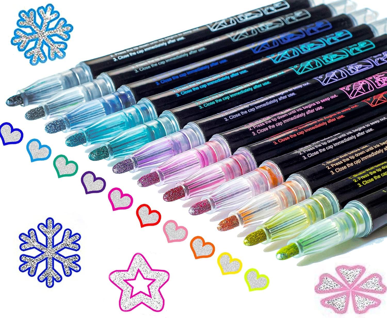 Glitter Markers Outline Glitter Pens: 12 Shimmer Metallic Tween Teen Girl Gifts Trendy Stuff 4-16 Year Old,Arts Crafts Kids Ages 8-12,Art Supplies Kids 6-8 9-12 10-12,Cute Cool Fun Crafts Girls 8-12