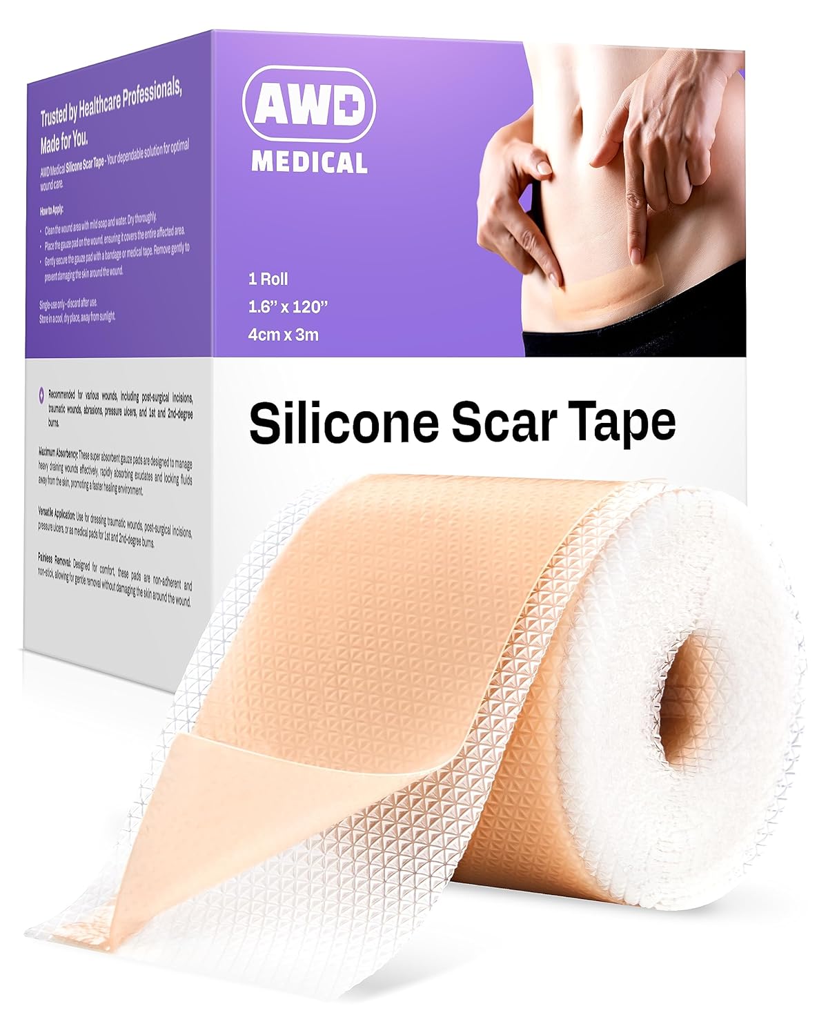 AWD Silicone Scar Sheets for Surgical Scars - Seamless Medical Grade Silicone Scar Tape for C Section, Tummy Tuck Tape - Silicone Skin Patches After Surgery Must Haves (1.6" x 120" Roll)
