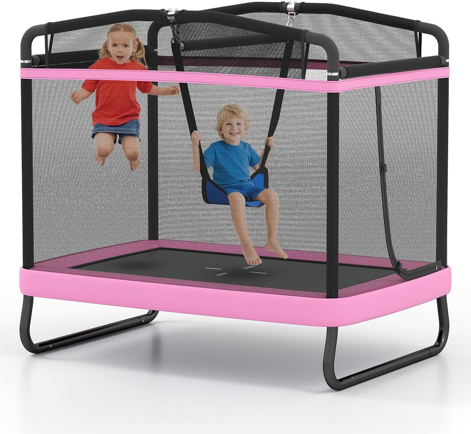 GYMAX Trampoline for Kids, 70” Toddler Rebounder with Detachable Swing, Horizontal Bar & All-Round Enclosure Net, ASTM Approved Rectangle Kids Trampoline for Indoor/Outdoor
