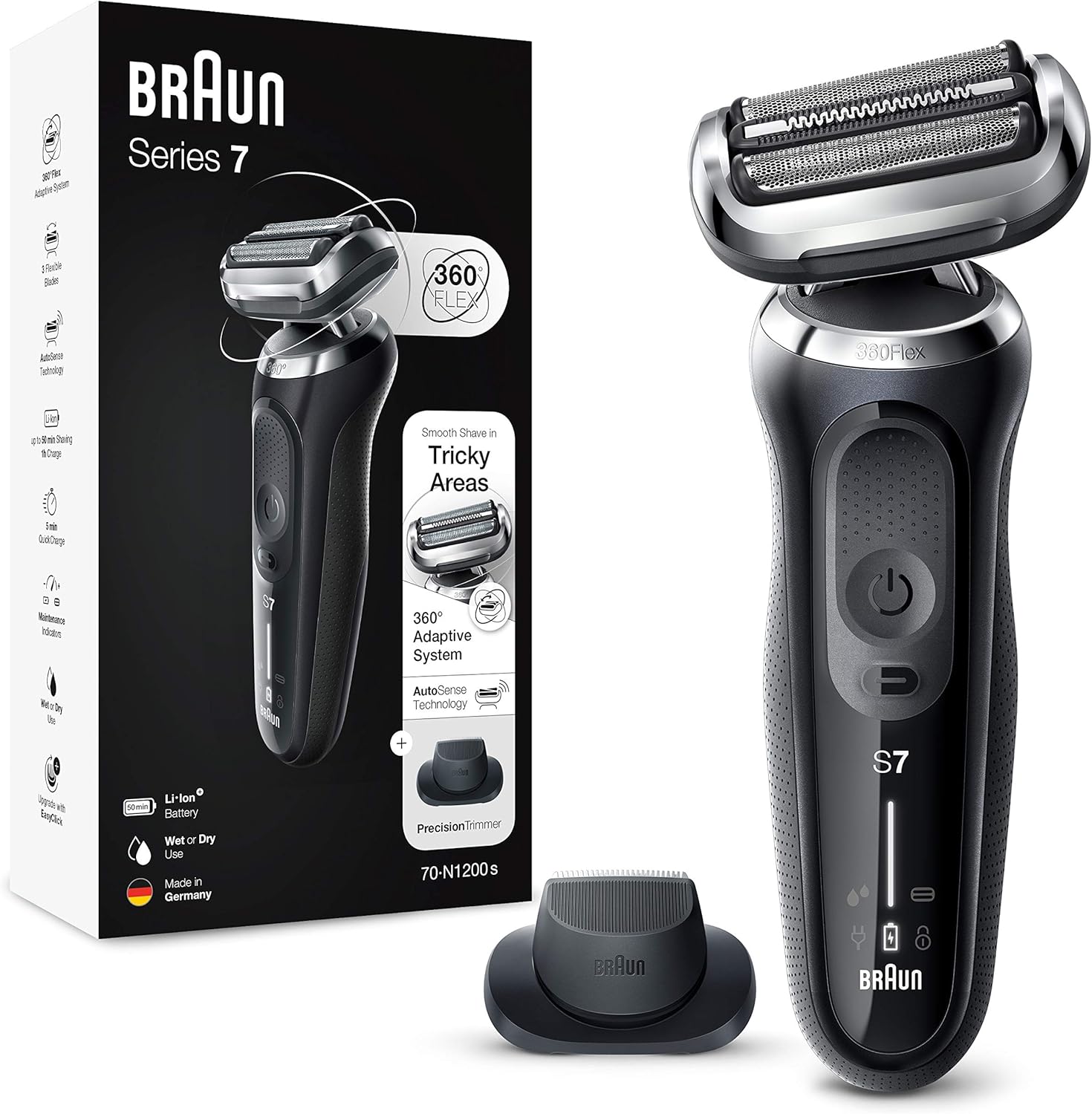 Braun Series 7 Electric Shaver for Men with Precision Trimmer, Wet and Dry, 100 Percent Waterproof, UK 2 Pin Plug, 70-N1200s, Silver Razor