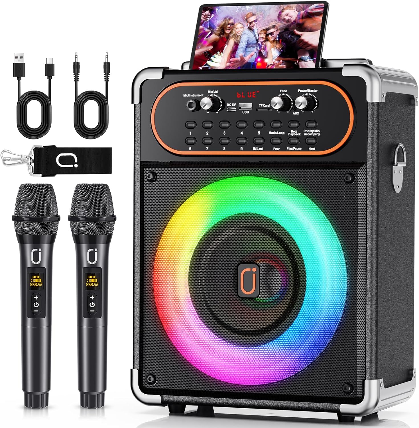 Karaoke Machine with 2 Microphones, Portable Bluetooth 5.3 Karaoke Speaker for Outdoor Events,Gatherings and Parties, PA System with Echo Adjustment for Adults, Support TVs Connected