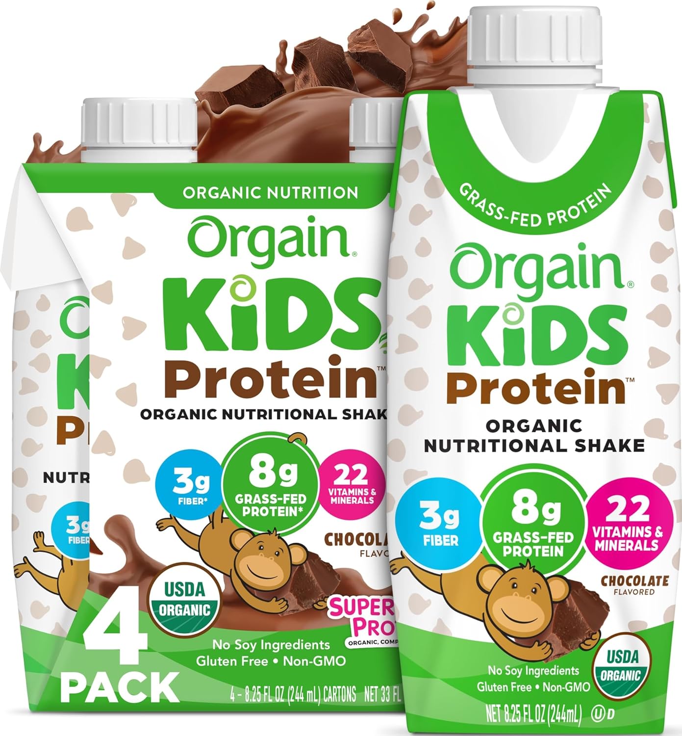 Orgain Organic Kids Dairy 8g Protein Shake, Chocolate, 8.25 oz, 4pk