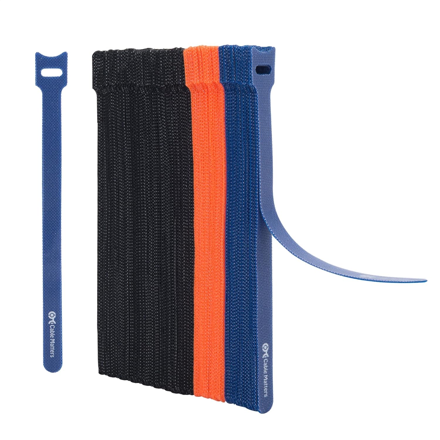 Cable Matters 100-Pack 20cm Reusable Cable Ties/Cable Ties Reusable with 19 KG Tensile Strength - Multi-Color Black, Blue, and Orange Cable Straps, Hook and Loop Straps