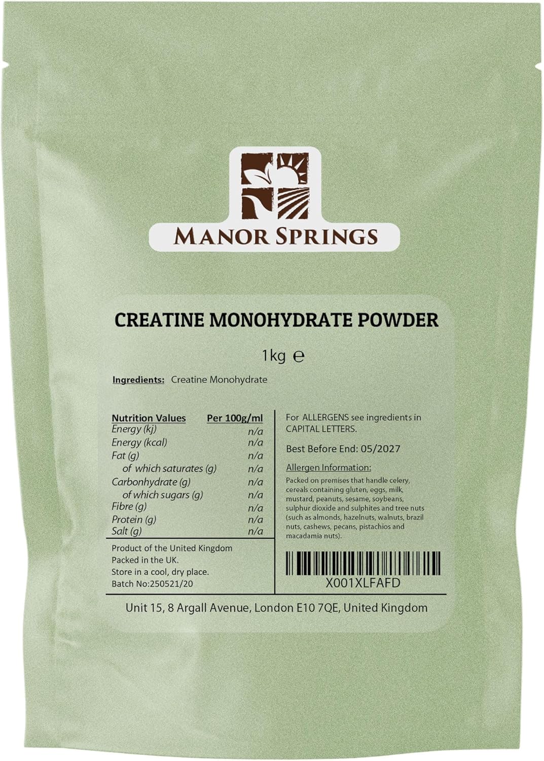 Creatine Monohydrate Powder 1kg, Creatine Supplement, Micronized Creatine, Creatine Powder, Unflavoured, 5000mg Per Serv (5g), 200 Servings – by Manor Springs