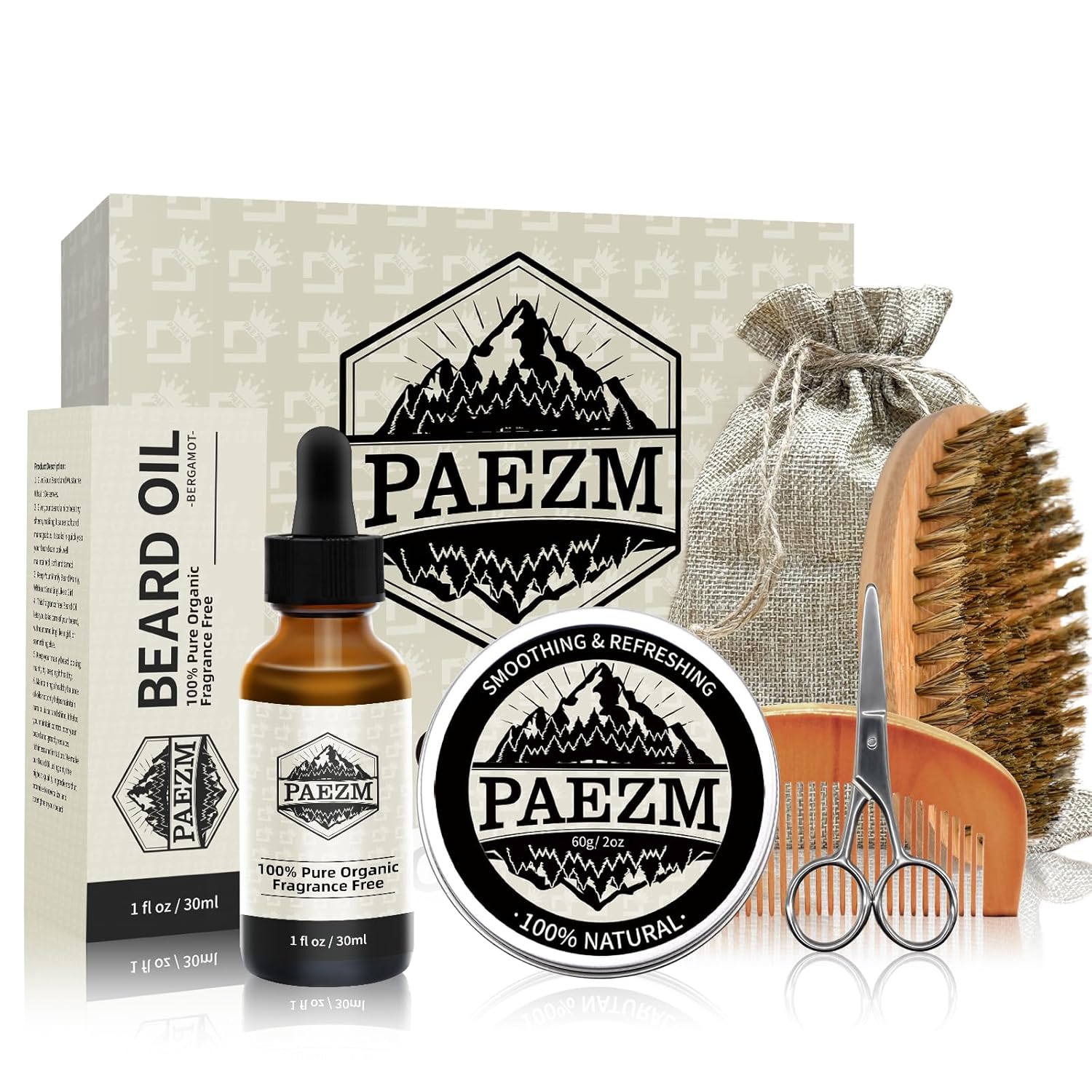 5 Piece Beard Grooming Kit for Men, including All Natural Beard Oil, Beard Balm with Sweet Orange Scent, Comb, Scissors, Storage Bag, Beard Care Set Christmas Birthday Father's Day Gift for Him