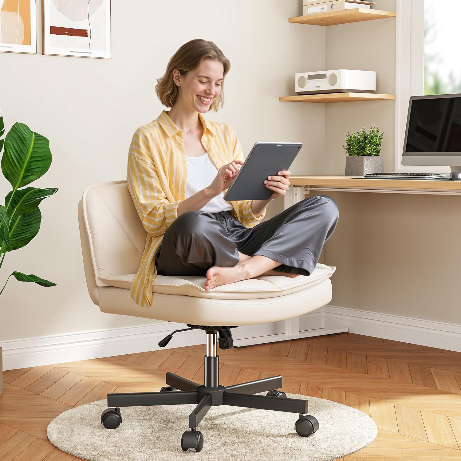 EnHomee Cross Legged Office Chair, Sturdy Armless Vanity Criss Cross Chair with Wheels, Extra Wide Ergonomic Computer Swivel Chair with PU Leather, Comfy Adjustable Modern Office Chair for Home