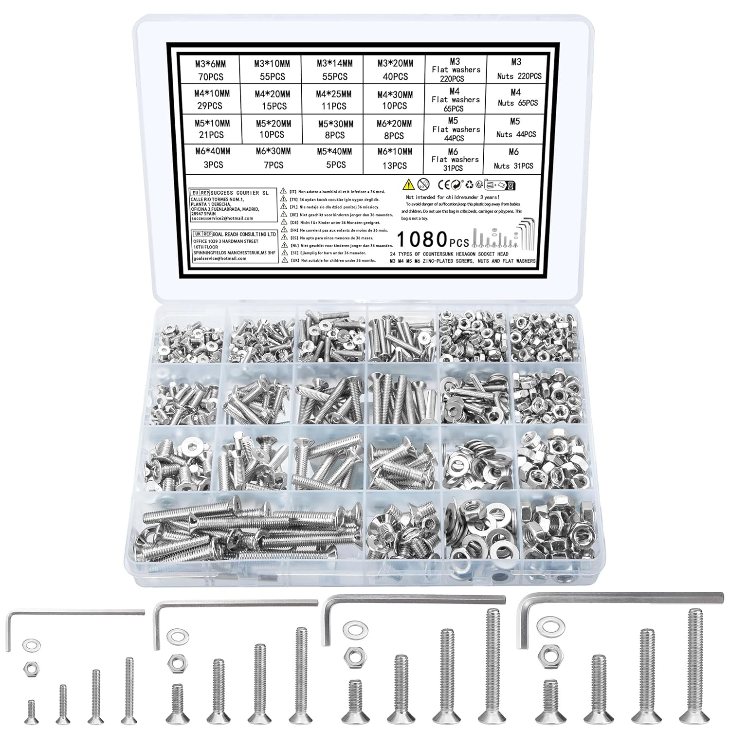 zrfgbxim 1080 Pcs M3 M4 M5 M6 Nuts and Bolts Set, Countersunk Screws and Nuts Set with Washers, Flat Head Machine Screws, Countersunk Hex Socket Head Cap Bolts and Washers Assortment Kit