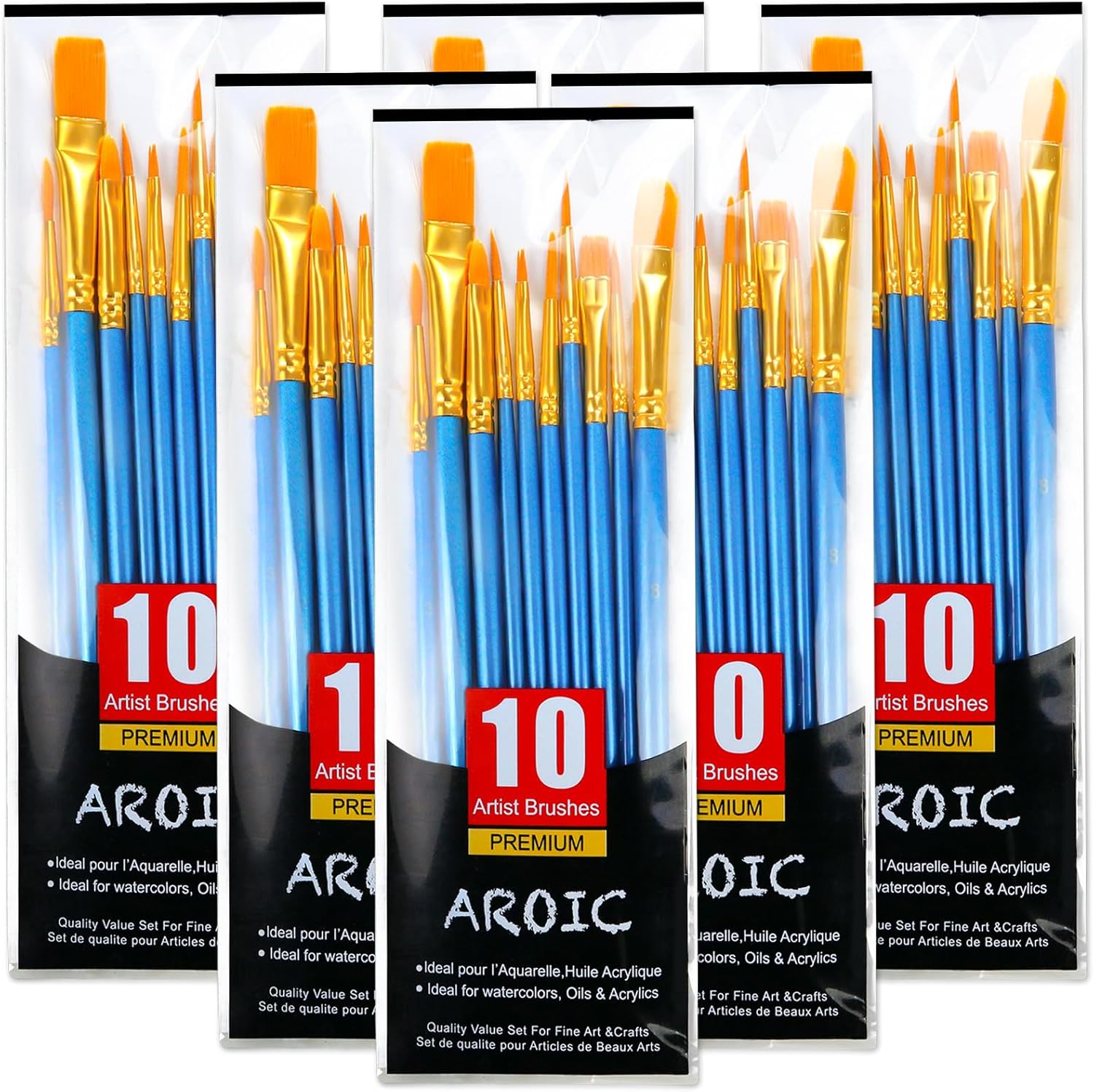 Acrylic Paint Brush Set, 6 Packs / 60 pcs Nylon Hair Brushes for All Purpose Oil Watercolor Painting Artist Professional Kits