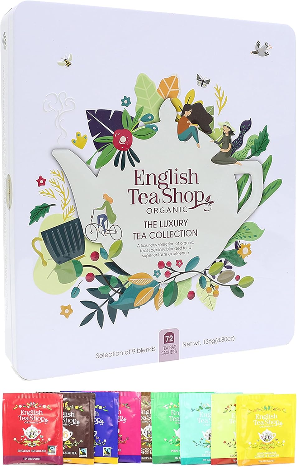 English Tea Shop Organic Luxury Gift Tin - 72 Tea Bag Sachets - 6 Different Flavours., 136 g
