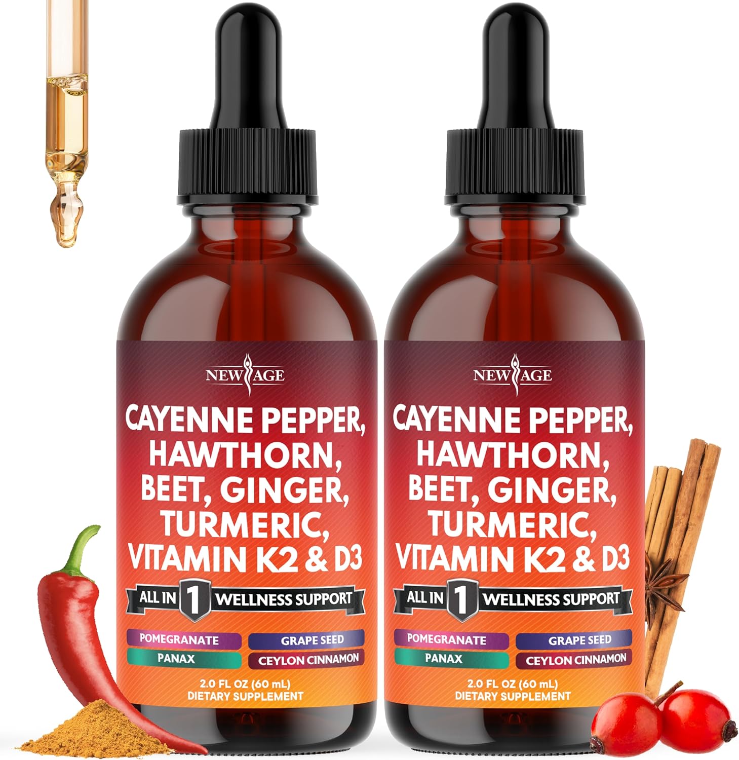 Cayenne Pepper Supplement Liquid Drops + Hawthorn Berry, Vitamin D3 K2 Beet Root Powder, Ceylon Cinnamon, Turmeric Curcumin, Organic Panax Ginseng - 4oz