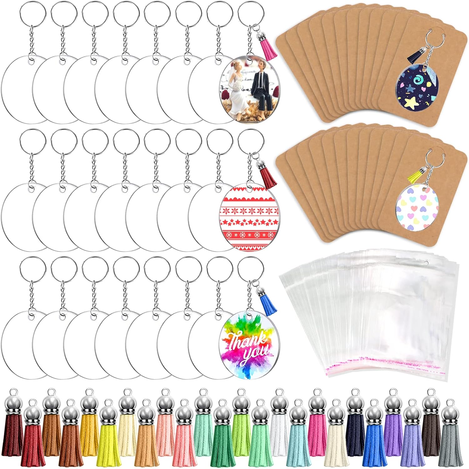 ZOCONE 144 PCS 2 INCH Acrylic Keychain Blanks Set, Clear Circle Acrylic Blank Bulk with Keychain Ring, Display Card, Packing Bag, Jump Rings, Tassels for Vinyl DIY Keychain Earring and Craft Project