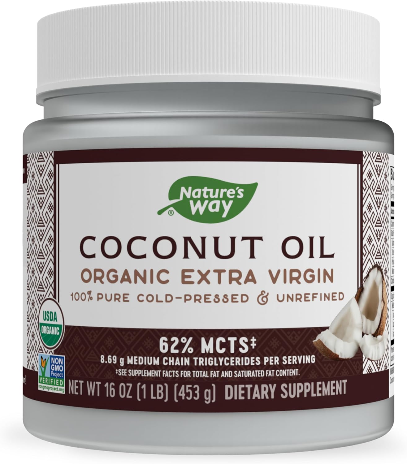 Nature's Way Organic Extra Virgin Coconut Oil, Pure and Unrefined, 62% MCTs, 16 Oz