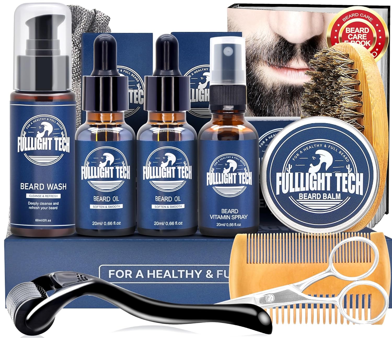 FULLLIGHT TECH Beard Kit with Vitamin Spray, 2x Oil, Balm, Wash, Brush, Comb, Scissors - Mens Beard Care Gifts for Men, Him, Husband Boyfriend Dad - Valentine's Day