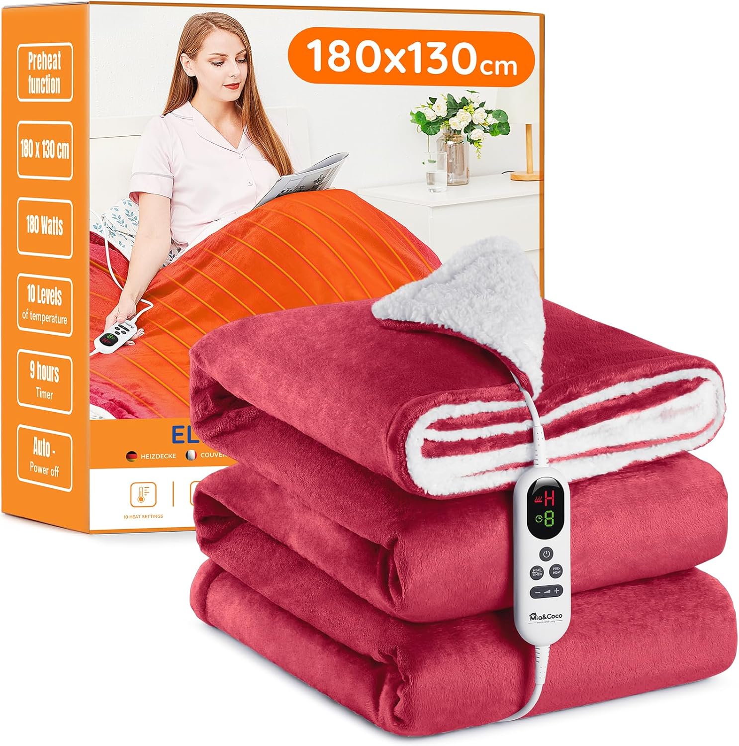 Mia&Coco Electric Heated Blanket Throw Flannel Sherpa Fast Heating 180x130cm, 10 Heat Levels & Up-to-9-Hours Auto-Off Timer & LED Display, for Home Office Use, Machine Washable, ETL Certified, Red