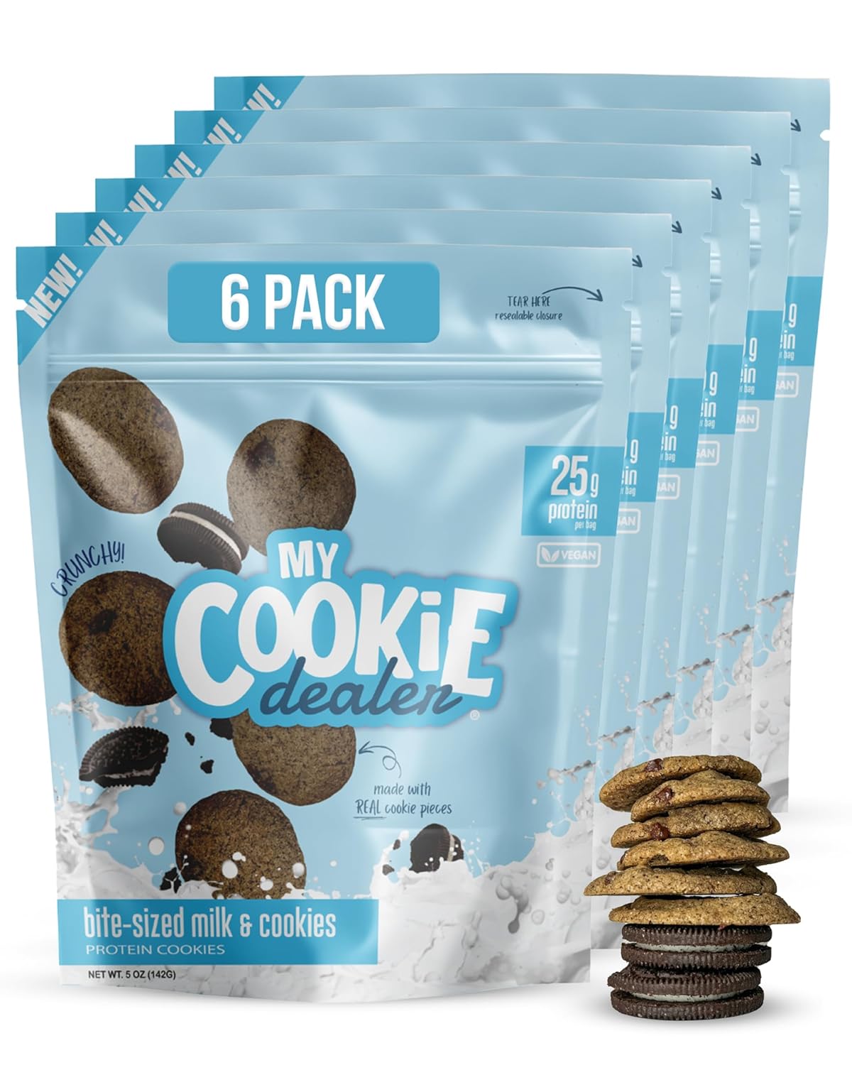 My Cookie Dealer Protein Cookies, Bite-Sized Crunchy Milk & Cookies (5oz, Pack of 6) - 25g Protein per Bag - Individually Wrapped Workout Snacks for On-The-Go Travel, Vegan