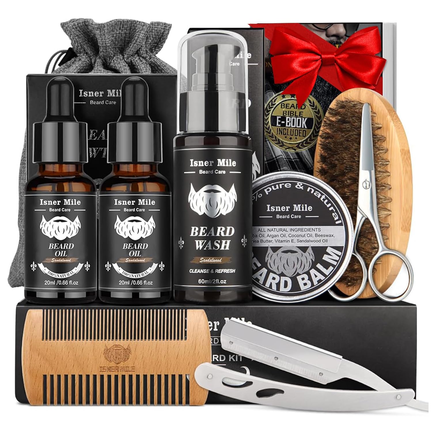 Isner Mile Beard Kit for Men, Grooming & Trimming Set with Beard Wash Shampoo, Oil, Balm, Brush, Comb, Scissors & Storage Bag, Fathers Birthday Gifts Valentines Day Gifts for Him Dad Men Boyfriend