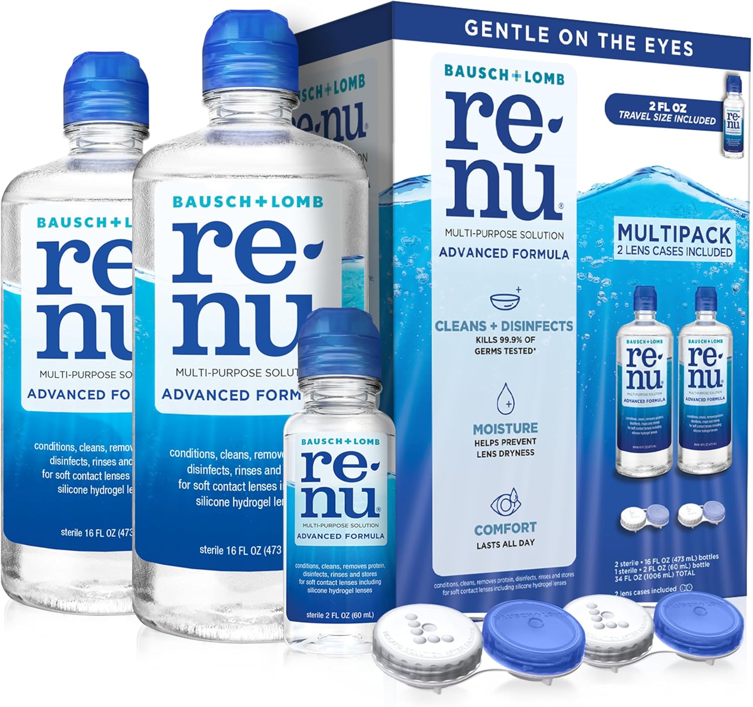 Renu Contact Lens Solution, Advanced Formula, Multi-Purpose Solution with Lens Case, Gently Cleans, Disinfects, Moisturizes & Hydrates Soft Lenses, 16 Fl Oz (Pack of 2) + Travel Size 2 Fl Oz