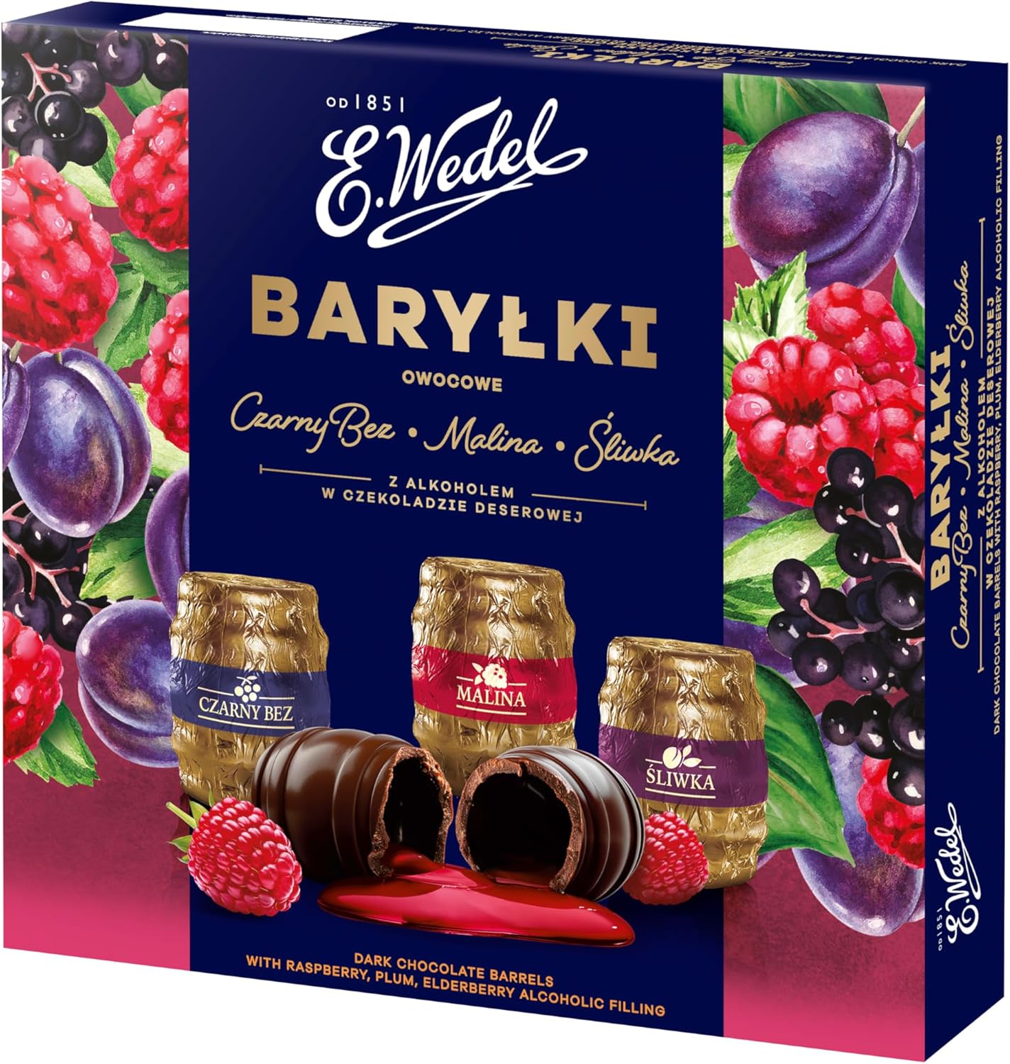 E.Wedel Chocolate Box Happy Barrels Liqueur Chocolates Gift Box, Pack of 1 x 200g, Chocolate box with Alcoholic Filling, Luxury Chocolates Gift Box (Full Size, Raspberry, Plum and Elderberry)