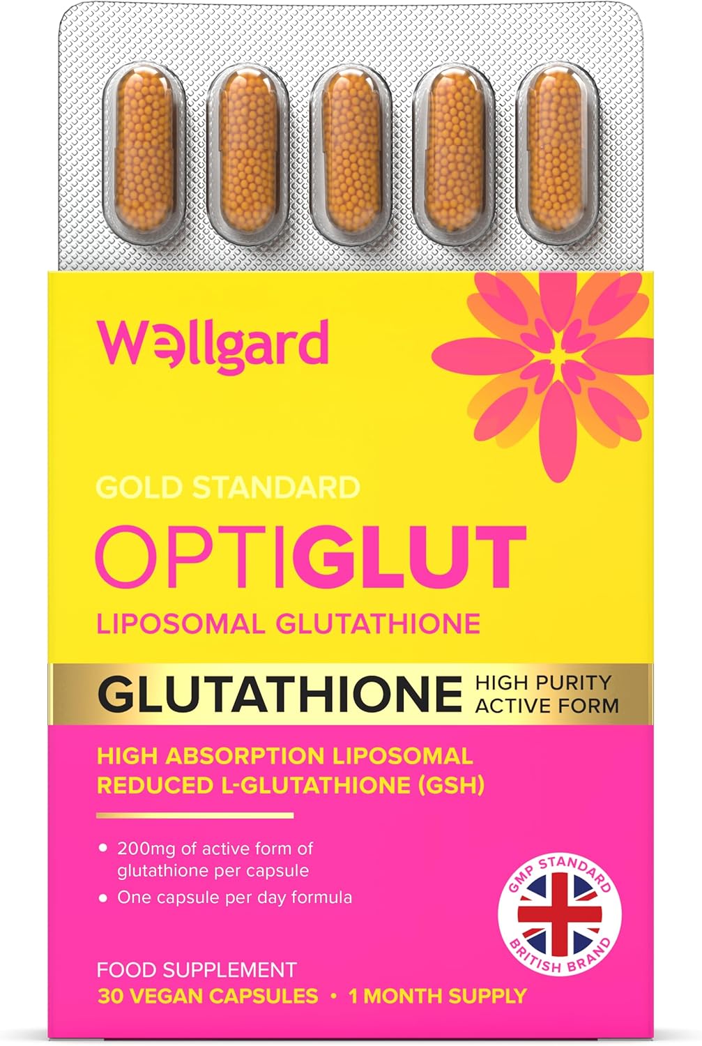 Liposomal Glutathione 200mg, Wellgard Optiglut - High Absorption Reduced L-Glutathione (GSH) - One-a-Day Vegan Capsules, 30 Capsules