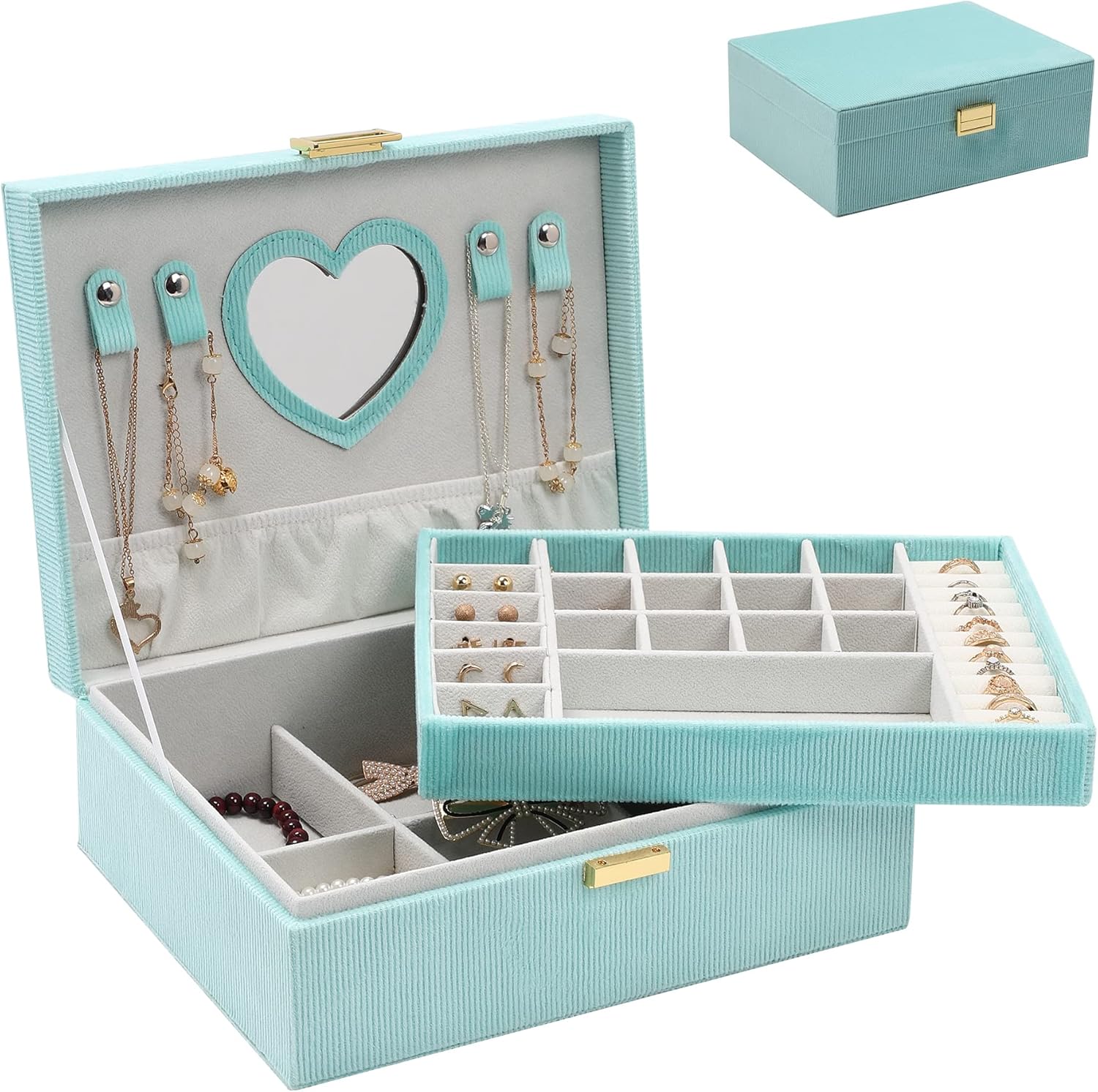Dajasan Jewelry Boxes for Women Girls, Jewelry Organizer Box, 2-Layer Large Velvet Jewelry Box for Rings Necklaces Bracelets Watch Earring (Green)