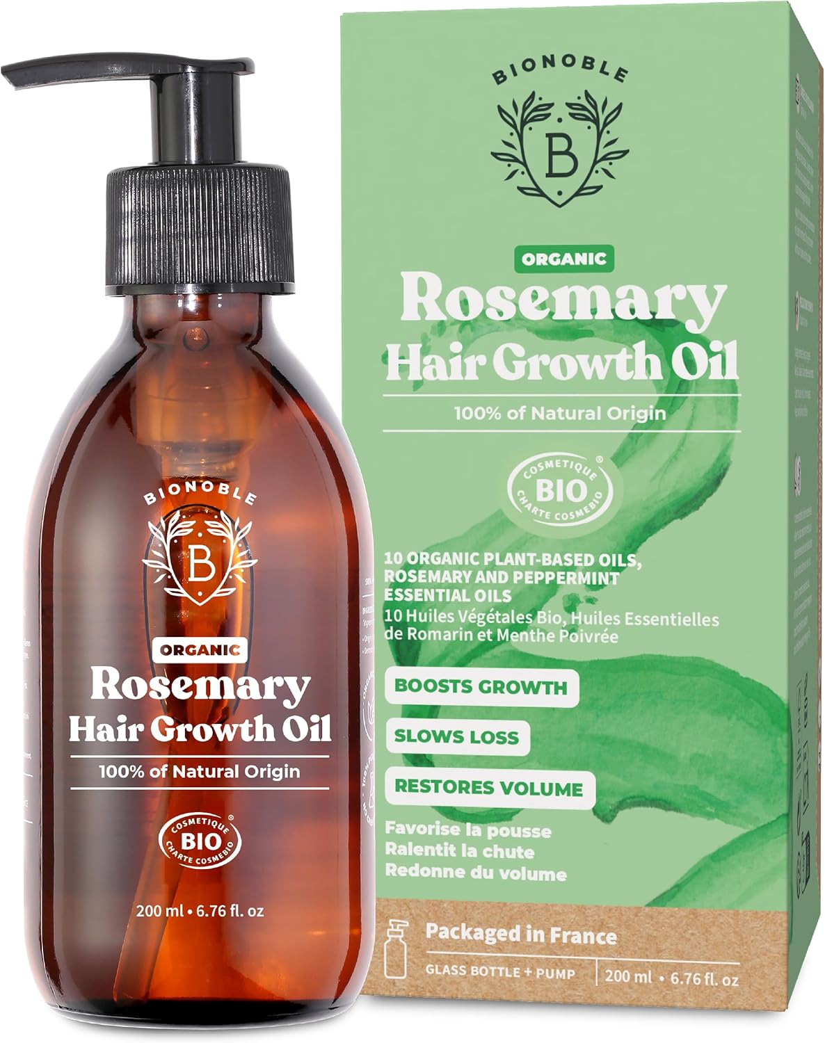 BIONOBLE Organic Rosemary Oil for Hair Growth - Slows Loss, Restores Volume - Rosemary Hair Oil with Argan, Jojoba & Castor Oil - 100% Natural & Vegan - Glass Bottle + Pump - 200ml