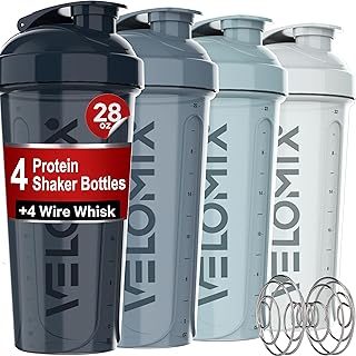 -4 PACK- 28 oz Shaker Cups for Protein Shakes - 4x Wire Whisk | Leak Proof Protein Shaker Bottles for Protein Mixes | Protein Shaker Bottle Pack | Mixer for Protein Shakes