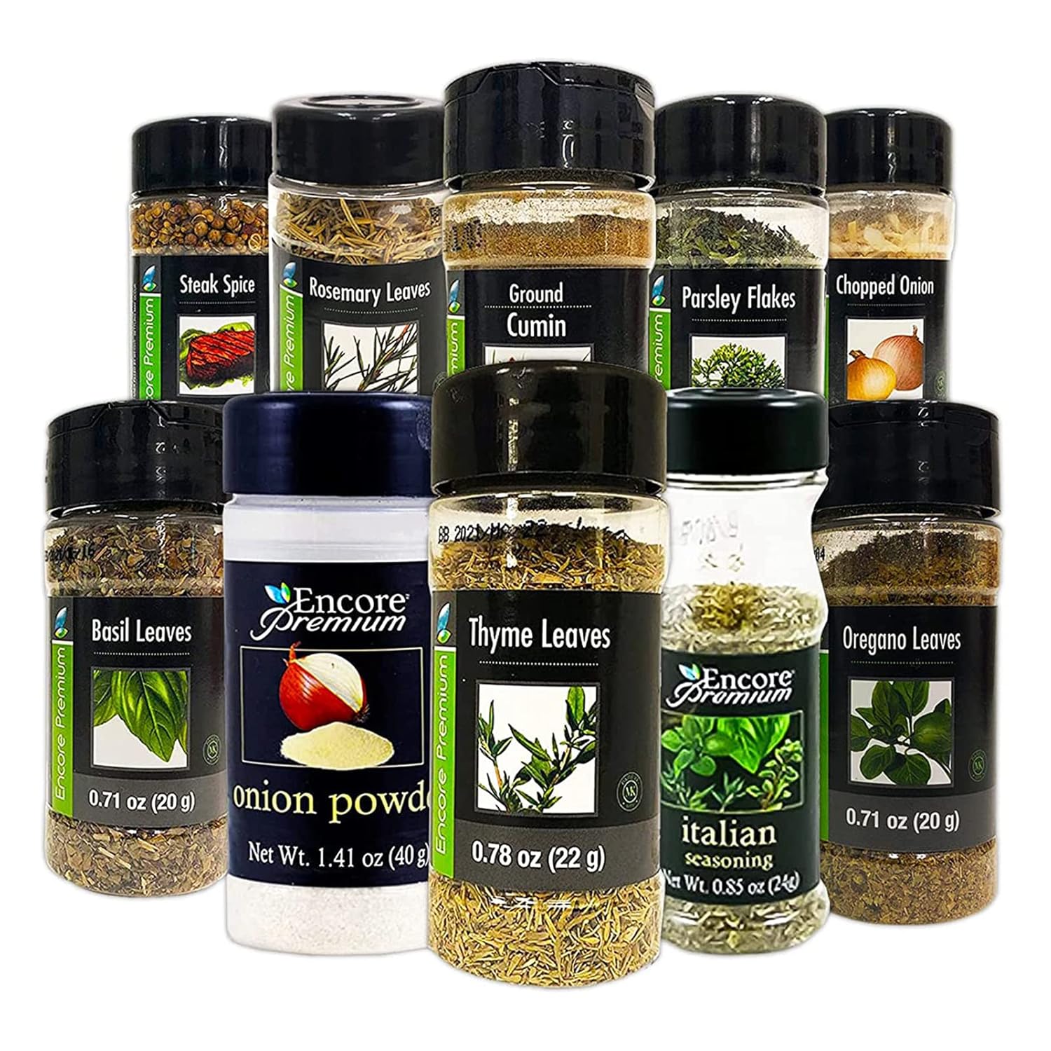 eonou Encore Seasonings and Spices 10 pk - Premium Cooking Spices and Herbs (Oregano, Rosemary, Basil, Parsley, Italian Seasoning, Cumin, Steak Spice, Chopped Onion, Onion Powder, Thyme)
