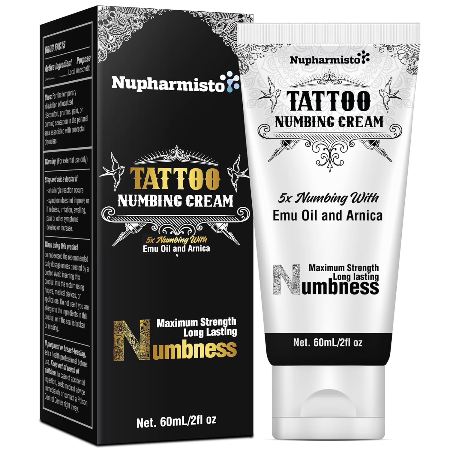 6 Hours Maximum Strength Numbing Cream Tattoo (2oz/ 60ml), Painless Tattoo Numbing Cream, Numbing Cream for Tattoos Extra Strength with 5x Numbing, Emu Oil and Arnica. 2oz/ 60ml