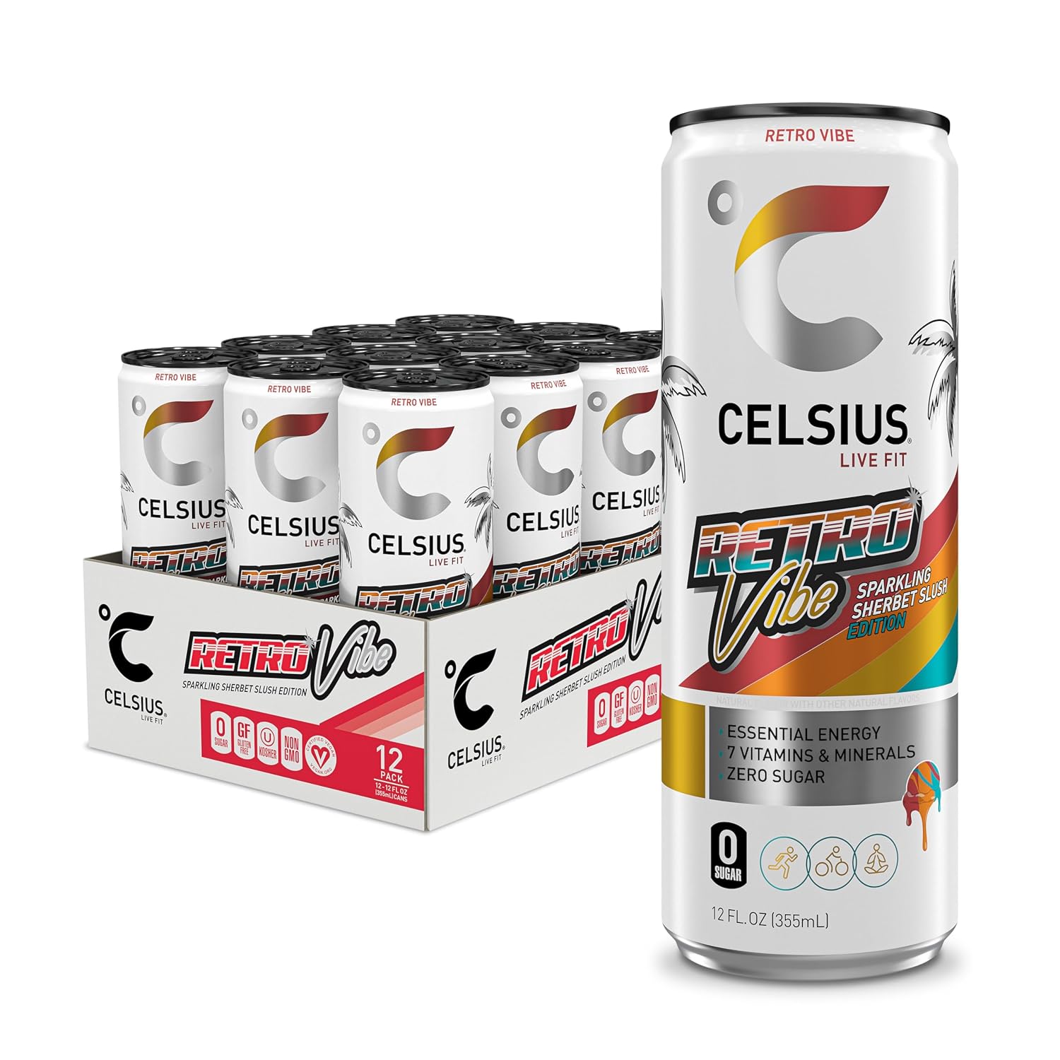 CELSIUS RETRO VIBE™ Sparkling Sherbet Slush, Sugar Free Energy Drink, 12 Fl Oz (Pack of 12)
