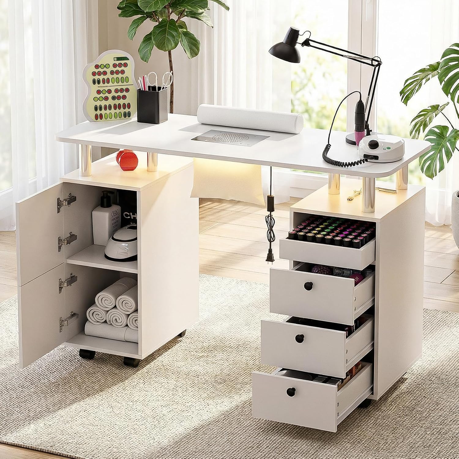 Nail Tech Table with Dust Collector & LED Light, Rolling Manicure Desk with Storage Drawers & Cabinets, Lockable Wheels, Acetone-Resistant Beauty Workstation for Salon, Home (White)