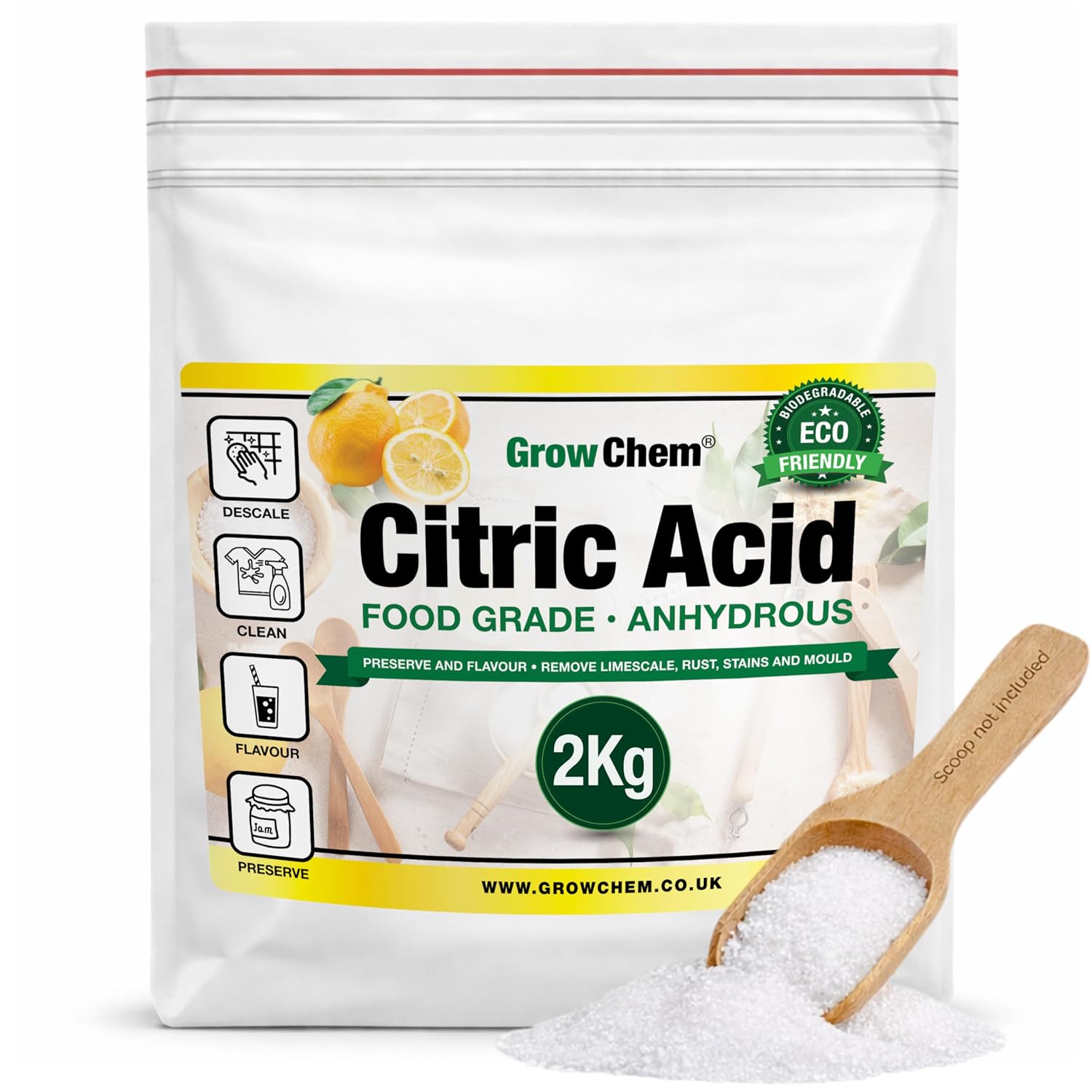 Grow Chem Citric Acid (2Kg Bag) Food Grade Citric Acid for Cleaning