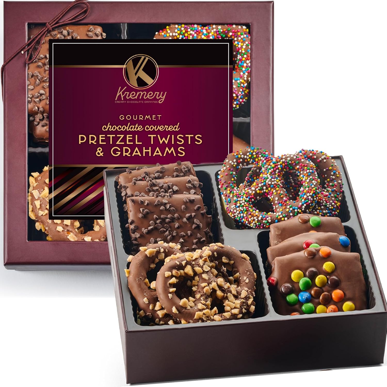 KREMERY Creamy Chocolate Cravings - Chocolate Covered Pretzel Twists & Grahams Cookies Gift Basket, in Brown Gift Box (12 Count, Assorted Sweet Toppings) Kosher Dairy, USA Made