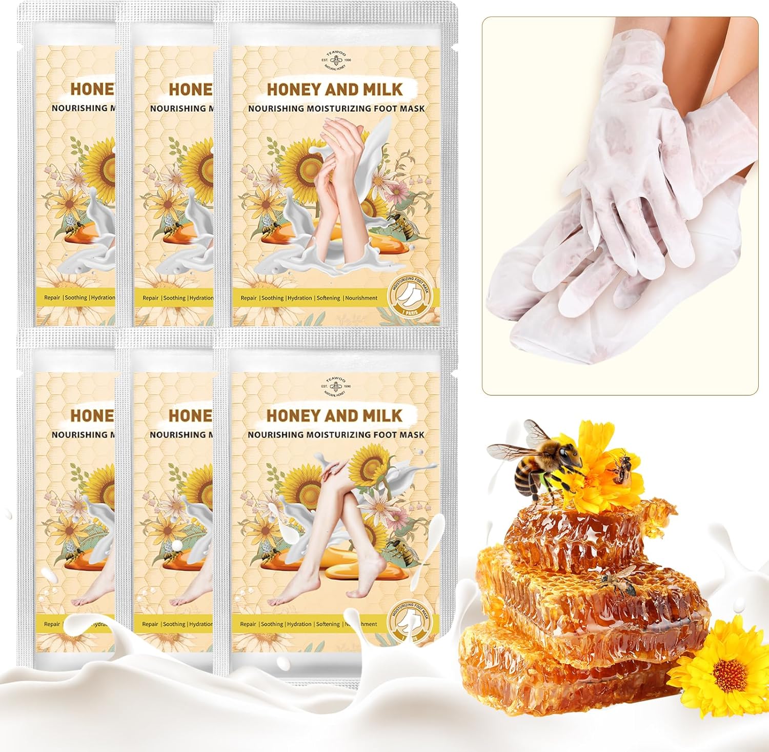 Hydrating Hand and Foot Mask, 3 Foot & 3 Hand Mask, Hand and Foot Care After Pedicure, Moisturizing Socks for Dry, Cracked Heel, Foot Spa, Honey & Milk, Vitamin E