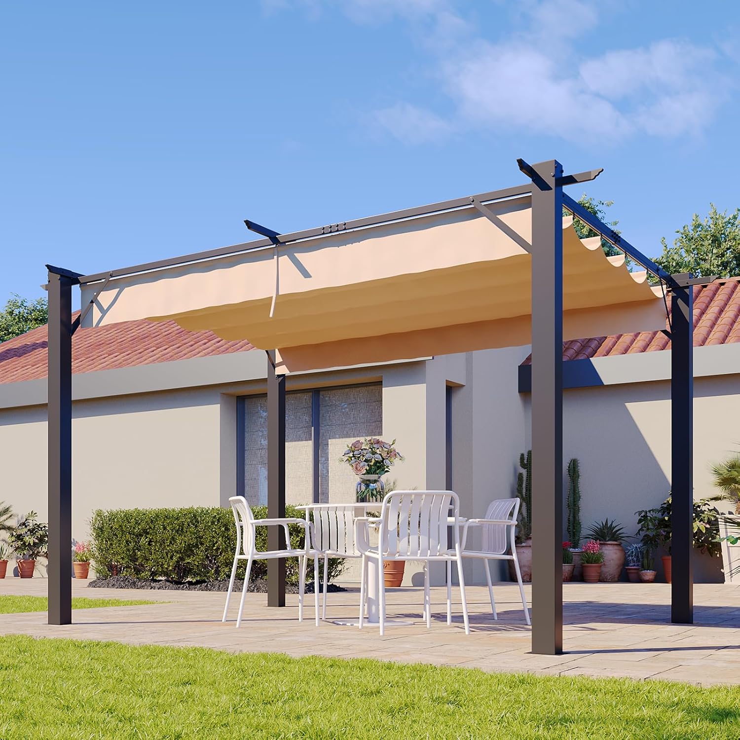 Aoxun 10'x12' Outdoor Pergola, Heavy Duty Metal Frame Patio Pergola with Adjustable Retractable Sun Shade Canopy, Modern Backyard Pergola for Garden, Deck, Patio, Lawn and Outdoor